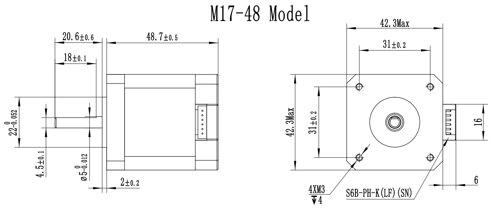 M17-48 dimension drawing, side and front views with millimetre dimensions
