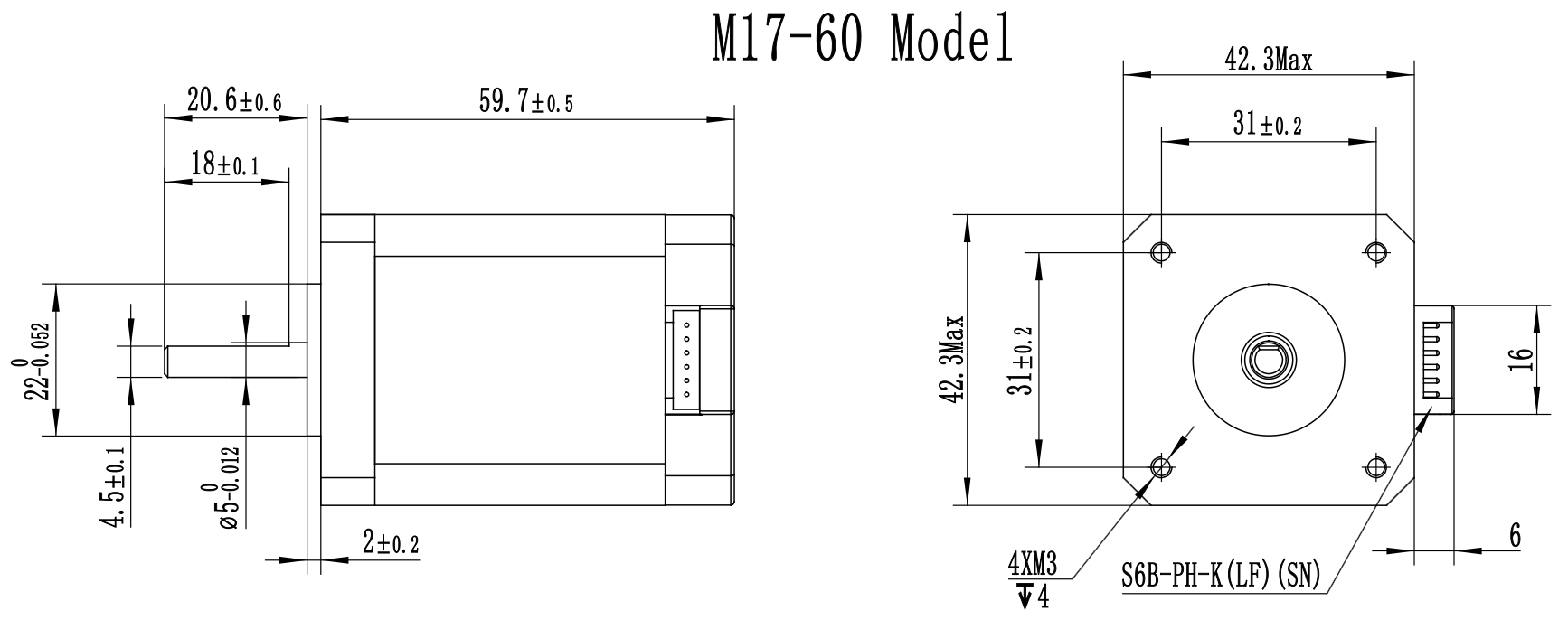 M17-60 dimension drawing, side and front views with millimetre dimensions