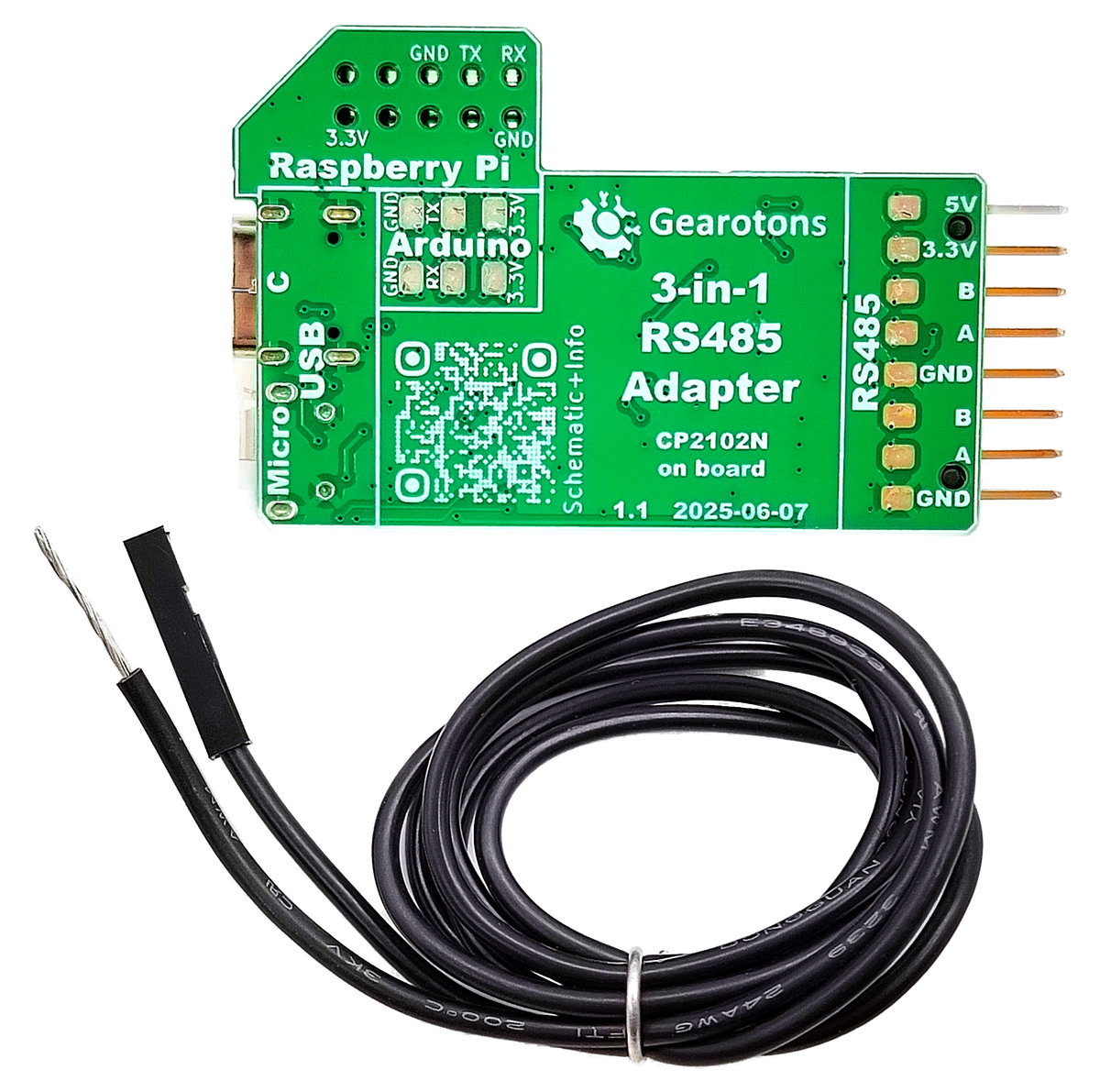 The green Gearotons 3-in-1 RS485 adapter with its cable